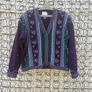 90s Christopher & Banks Purple Fair Isle Knit Sweater Rosette Floral MEDIUM